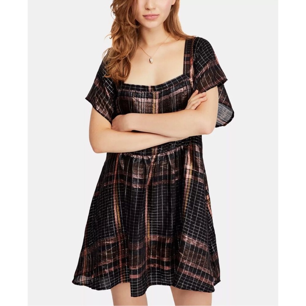 Free People Barcelona Mini Dress in Black w Metallic Silver & Copper Plaid, Sz S